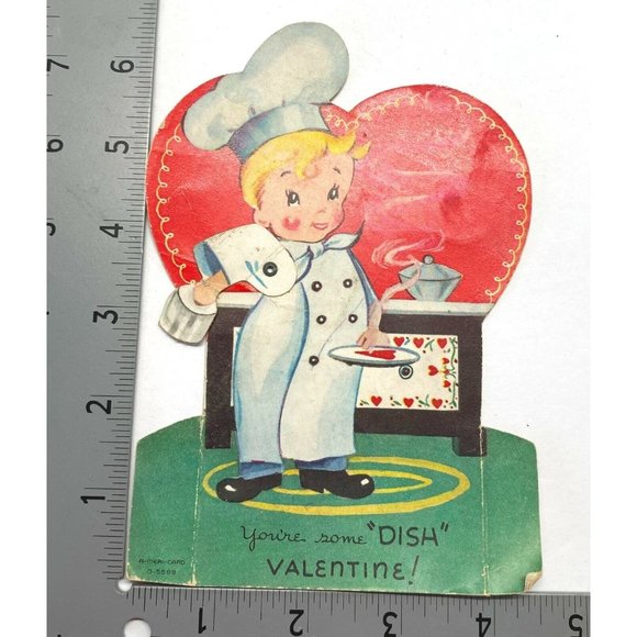 Vintage 1940s Valentine Greeting Card Chef Dish Mechanical 6.5" Diecut - Picture 3 of 4